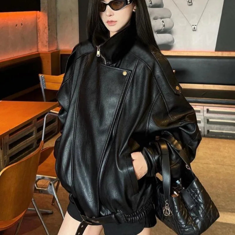 Vintage American Biker Leather Jacket 2026 Women Loose Fit Versatile Design Details Zip Up Stand Collar Chic Casual Outerwear