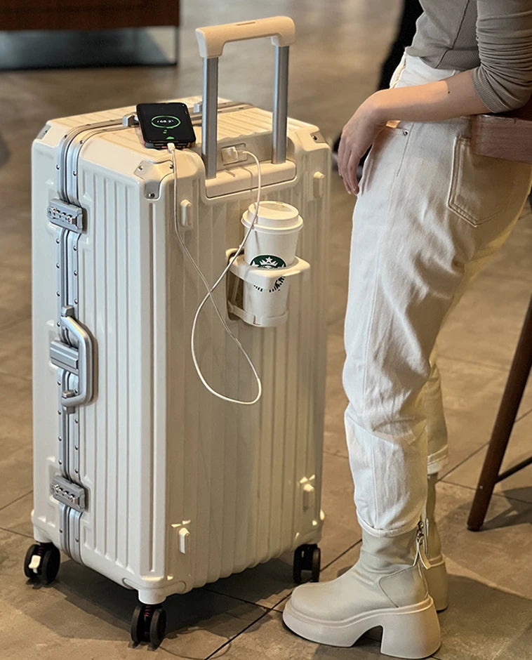 Five-wheeled Luggage 34 inch Thicken Aluminum Frame Suitcase USB Cup Holder Large Capacity TSA Lock Trolley Case Brake Wheel 24"