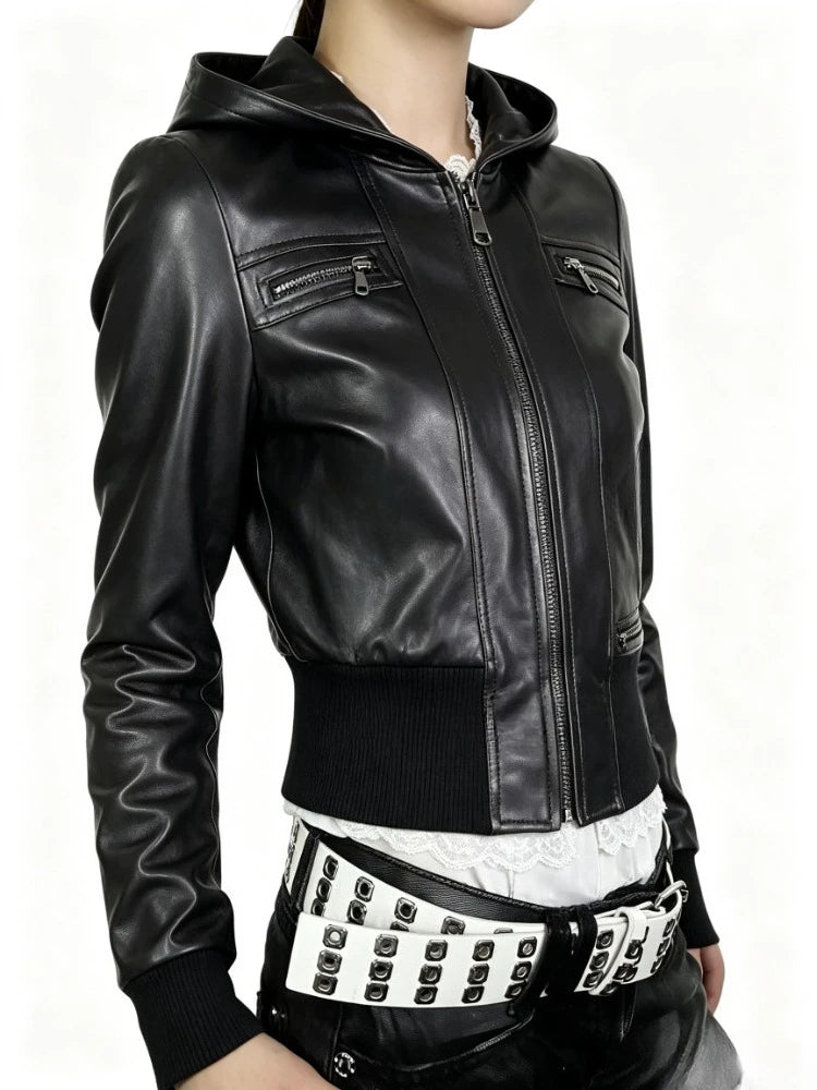Womens American Vintage Punk Leather Jacket 2026 Autumn Long Sleeve Slim Black Gothic Outerwear Subculture Style Club Party Coat