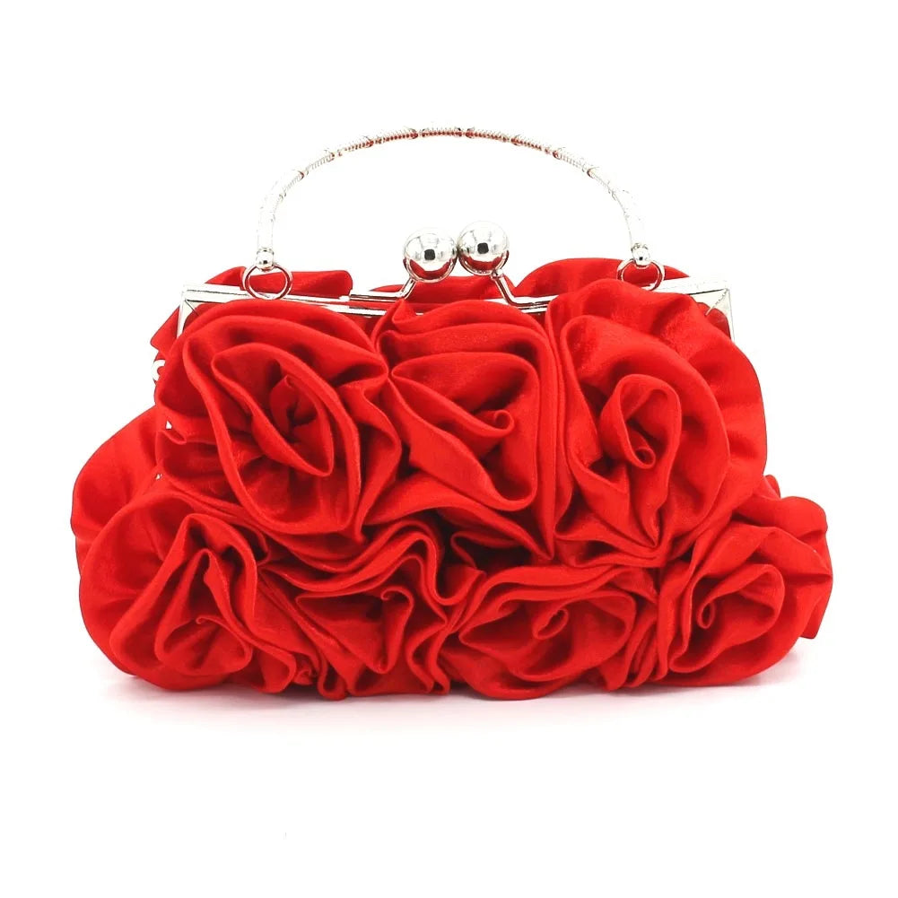Satin Flower Clutch Bags For Women Banquet Party Evening Bags Metal Handbags Retro Blue Silver Black Chain Shoulder Bag female