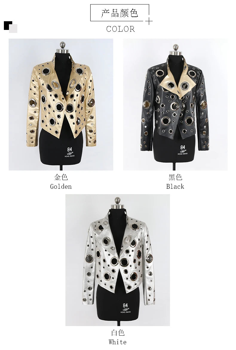 Nerazzurri Spring Autumn Short Hollow Out Pu Leather Jacket Women Rivet Cool Stylish Luxury Designer Clothes Runway Fashion 2024