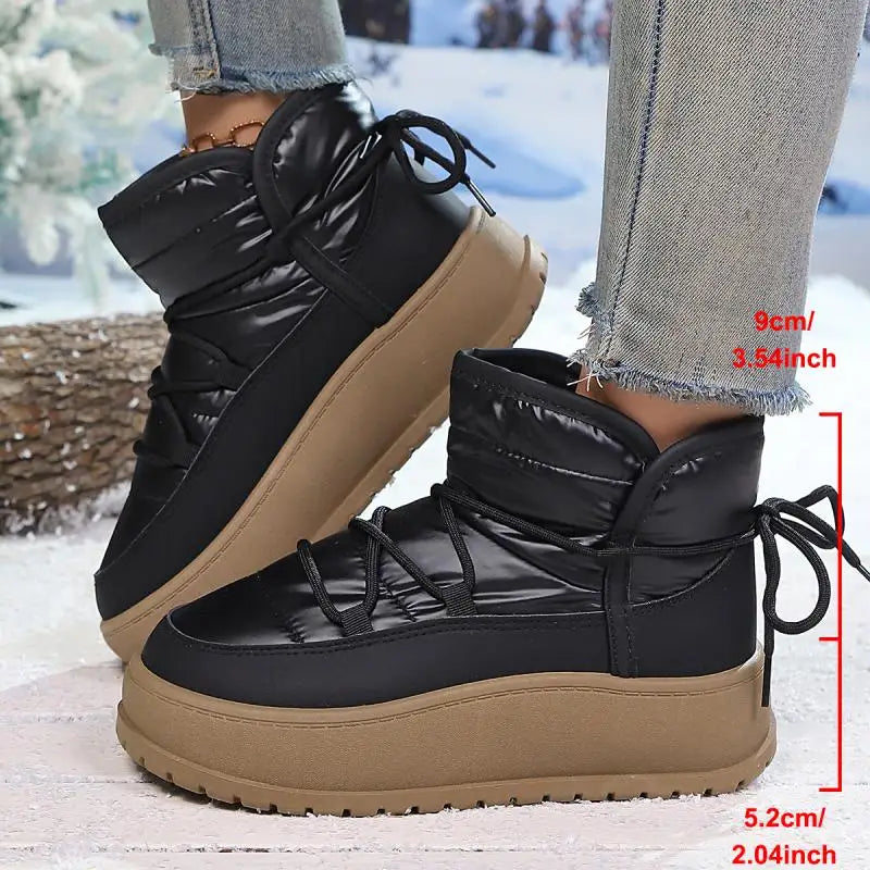 Comfort Platform Waterproof Snow Boots Women 2026 Winter Lace Up Decoration Thick Bottom Moon Boots Women Plush Short Booties