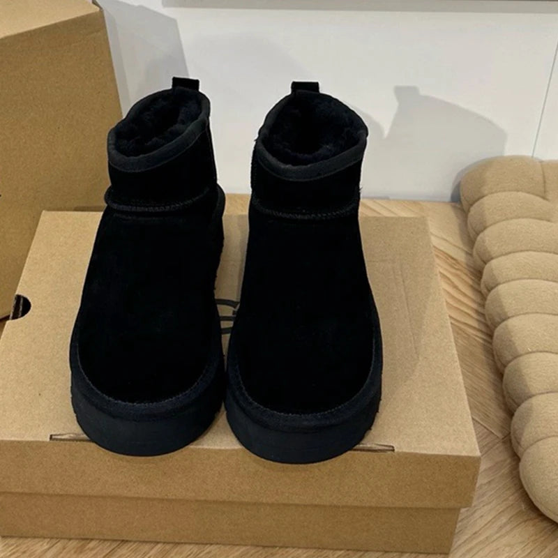 Winter Women Real Sheepskin Wool Ultra Mini Platform Snow Boots Classic Genuine Leather Natural Fur Warm Thick sole Shoes 34-42