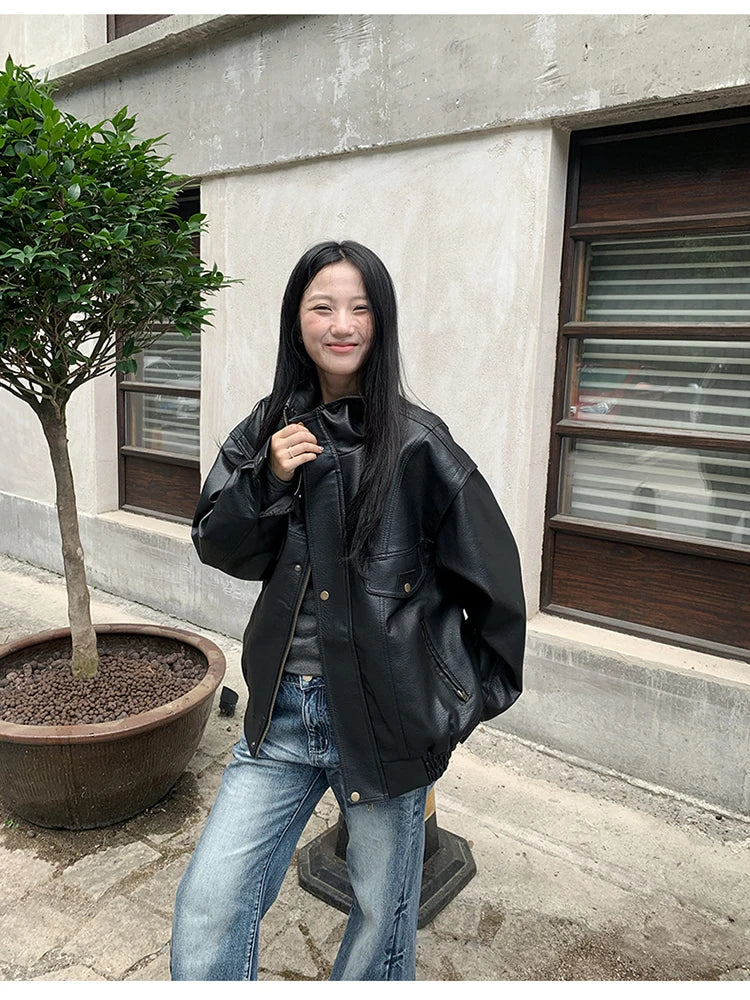 Lautaro Spring Winter Cool Oversized Thicken Warm Black Hard Pu Leather Jacket Women Long Sleeve High Quality American Clothing