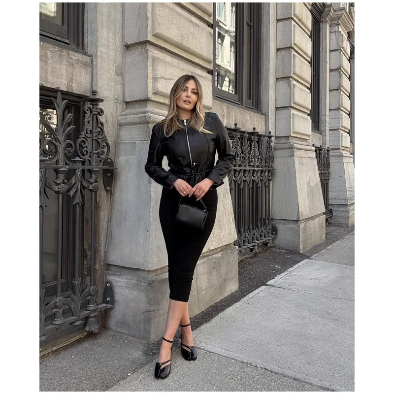 Women's Faux Leather Jacket Black Zip Front Drawstring Peplum Hem Slim Elegant Outerwear Fashion Daily Street Casual Short Coat