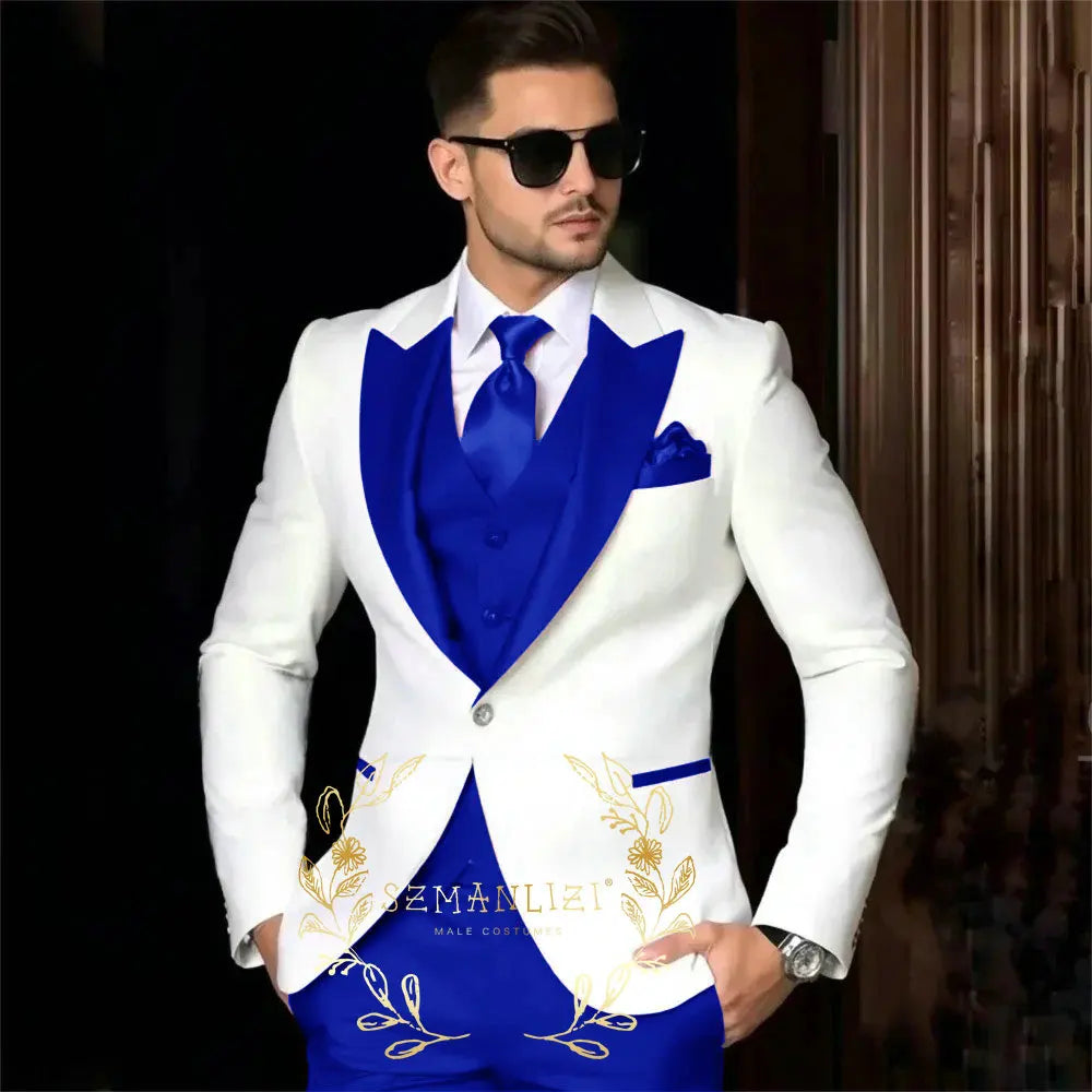 Luxury Men's Suits For Wedding Peak Lapel Slim Fit 3 Piece White Jacket Burgundy Pants Vest Formal Male Clothing Costume Homme