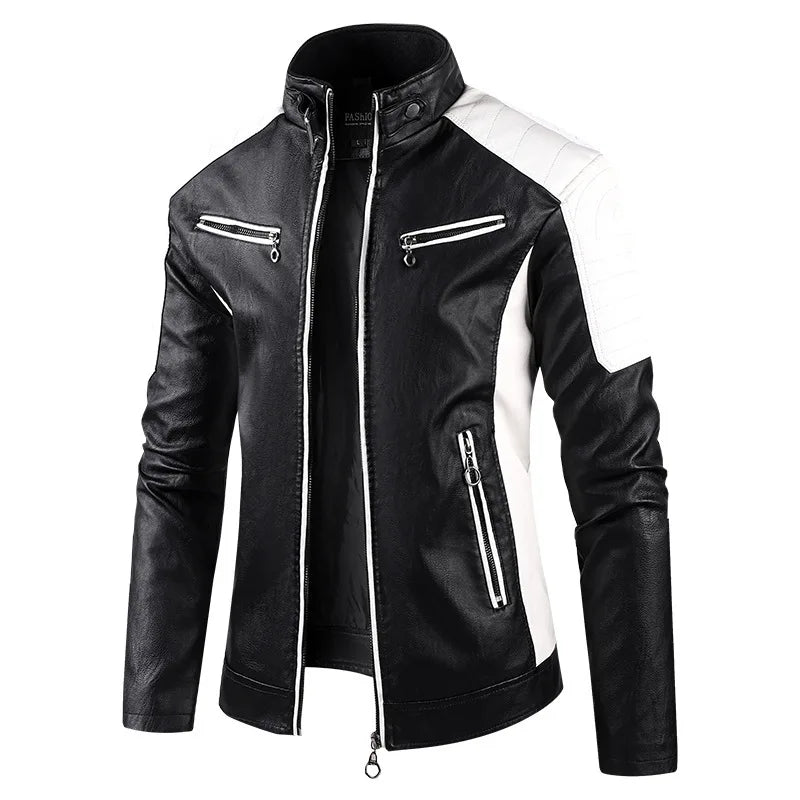 White and Red Patchwork Men's PU Jacket, Stylish Vintage Biker Faux Leather Coat, Available in Black or Brown.