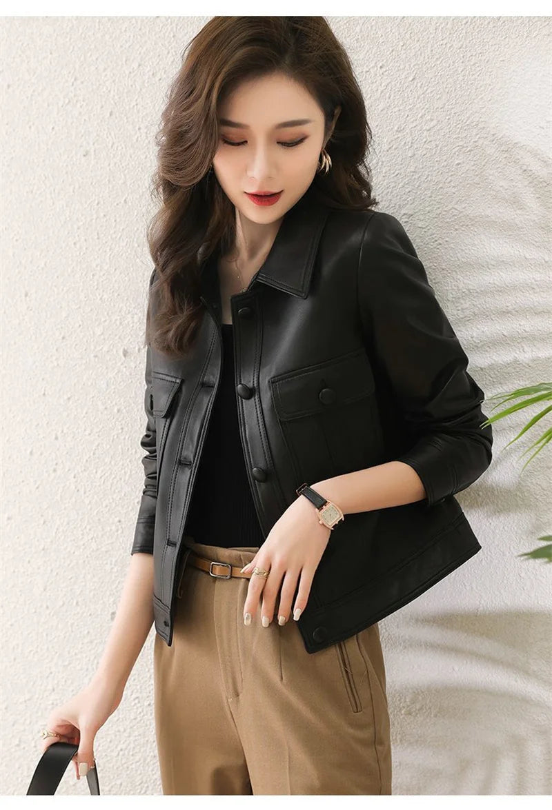 Lapel PU Leather Jacket Women 2026Spring Autumn New Coat Fashion Locomotive Goddess Overcoat High Quality Short Outerwear Female