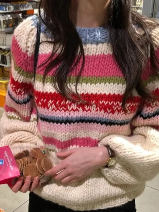Retro Rainbow Stripes Lazy Sle Loose Knitted Sweater Women's Autumn New Faionable round Ne Top Versatile Comfortable Fit