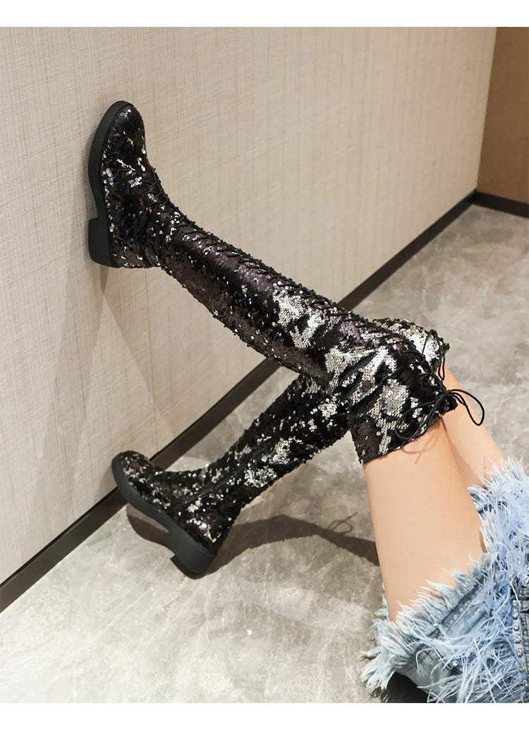 Lowheel Boots For Women Autumn Winter Thick Heels Over-knee-high Boots Shiny Sequined Club Dance Shoes Lace Up Thigh High Boots