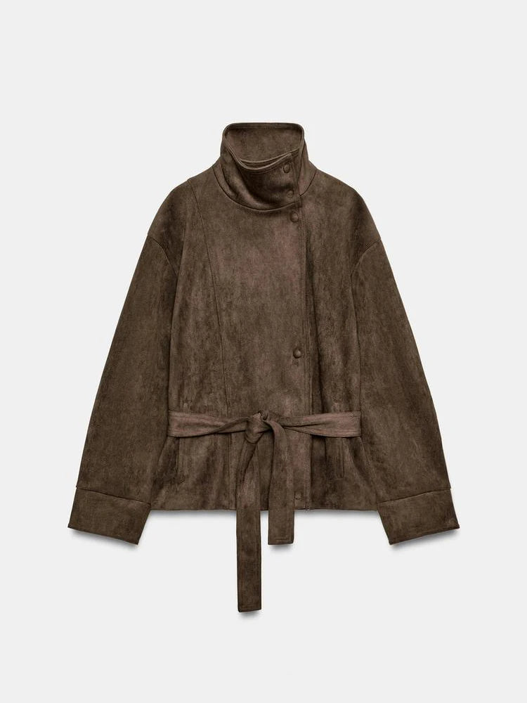 Women Brown Faux Suede Short Jacket Tie‑waist Long Sleeve Vintage Streetwear 2026 Lady New Autumn Winter Casual Outerwear Coat