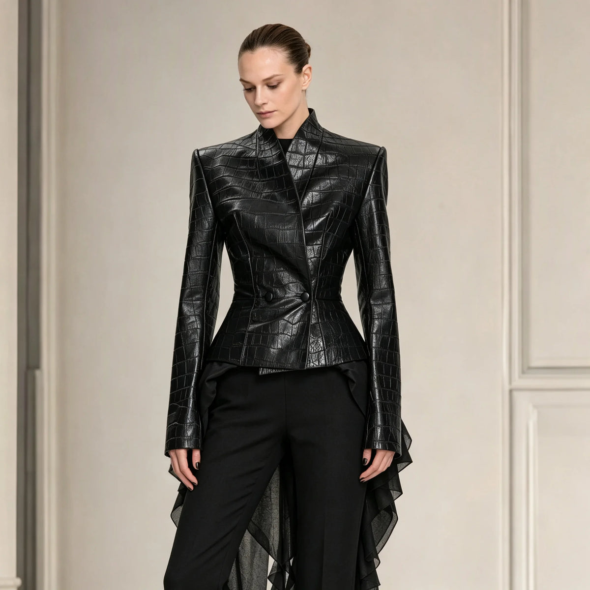 TOKO 2026 New Women V Neck Embossed Faux Leather Jacket Double Button Fitted Waist Long Sleeve Solid Black Slim Short