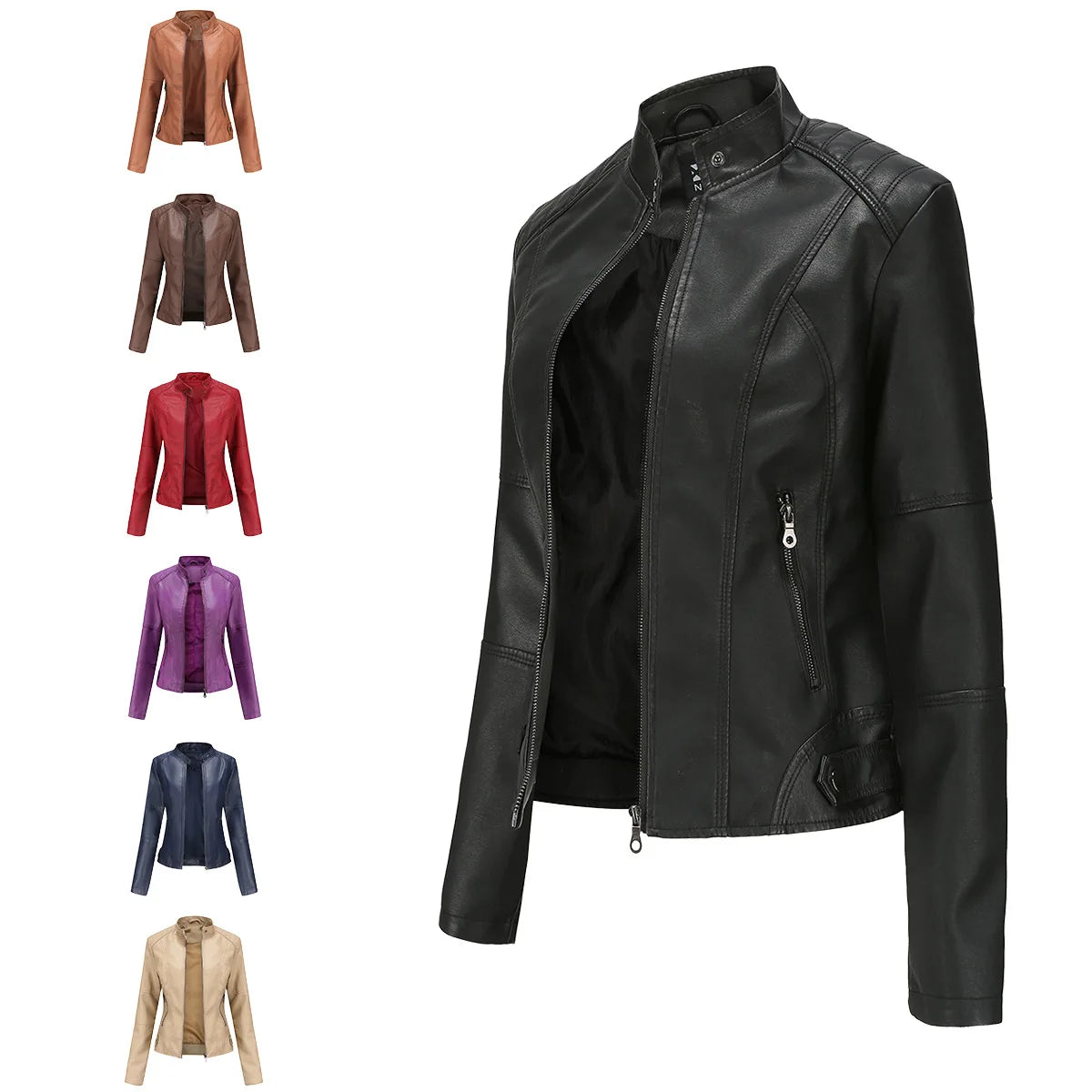 Women's Slim Fit Leather Jacket with Motorcycle Suit, Large Standing Collar, Autumn Black Zipper Outdoor Leather Top
