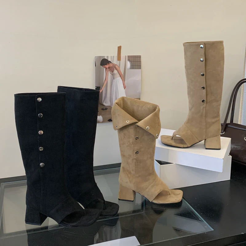 Eilyken Spring Autumn Square Clip Toe Women Knee-High Boots Sandals Fashion Vintage Low Heels Buckle Strap Shoes