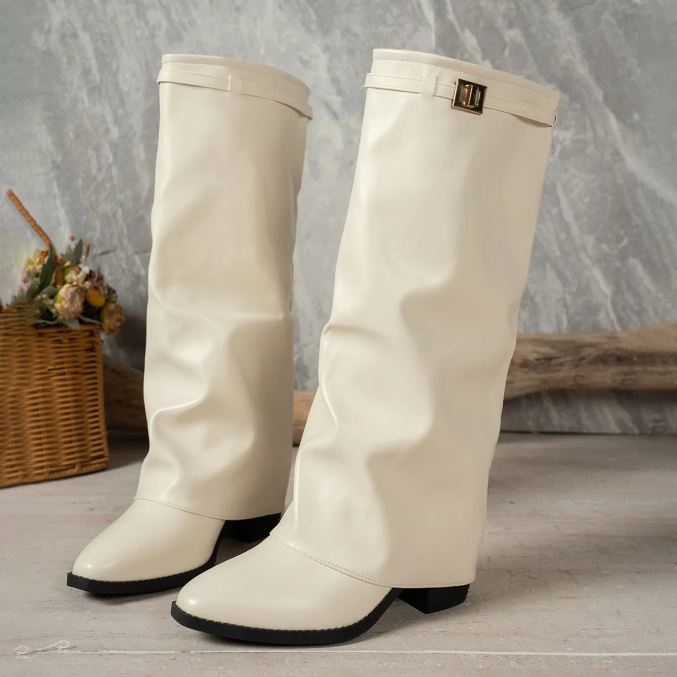 Spring Autumn New Simple Style Women's Knee High Boots 2026 Fashion Pointed Toe Fold Cuff Design Chunky Heel Casual Women Boots