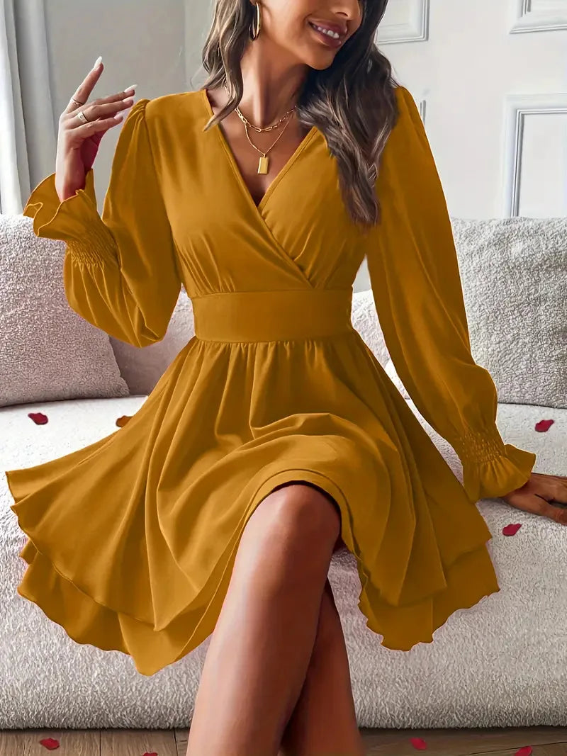 Dresses 2025 Woman Clothing V Neck Lantern Sleeve Wrap Mini Dress Ruched High Waist Elegant For Autumn Party Dress Vestidos
