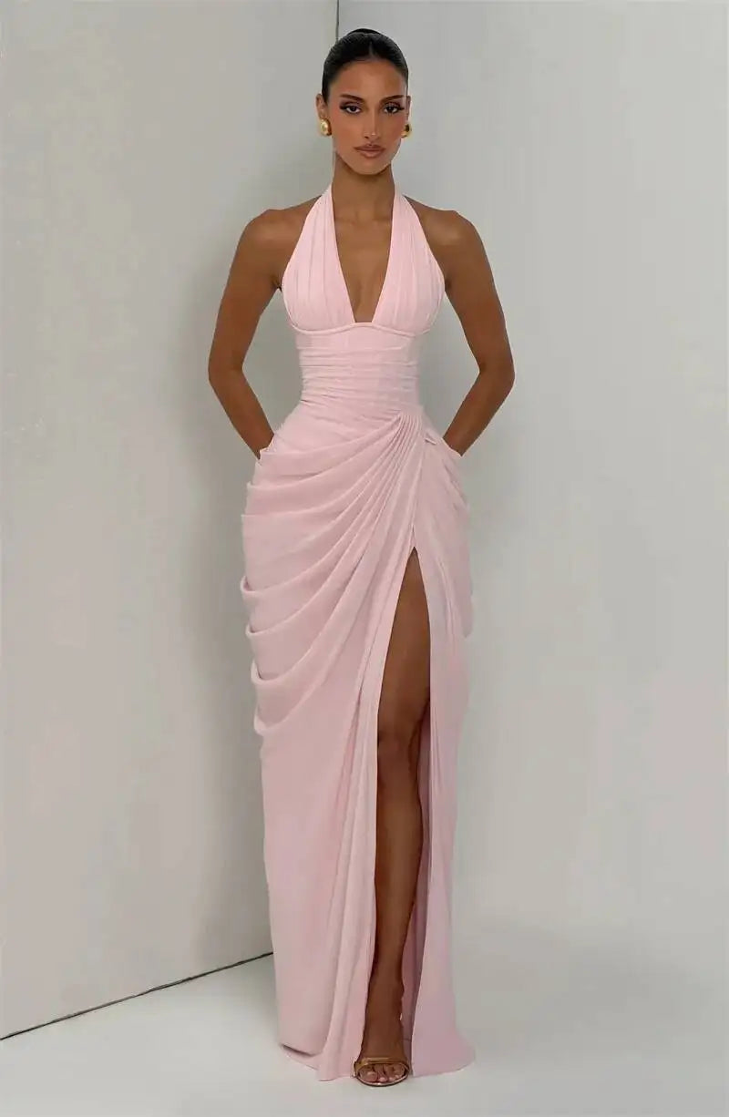 Mozision Wine Red Halter Deep V Maxi Dress Women Elegant Draped Ruched High Split Bodycon Cocktail Wedding Club Party Dresses