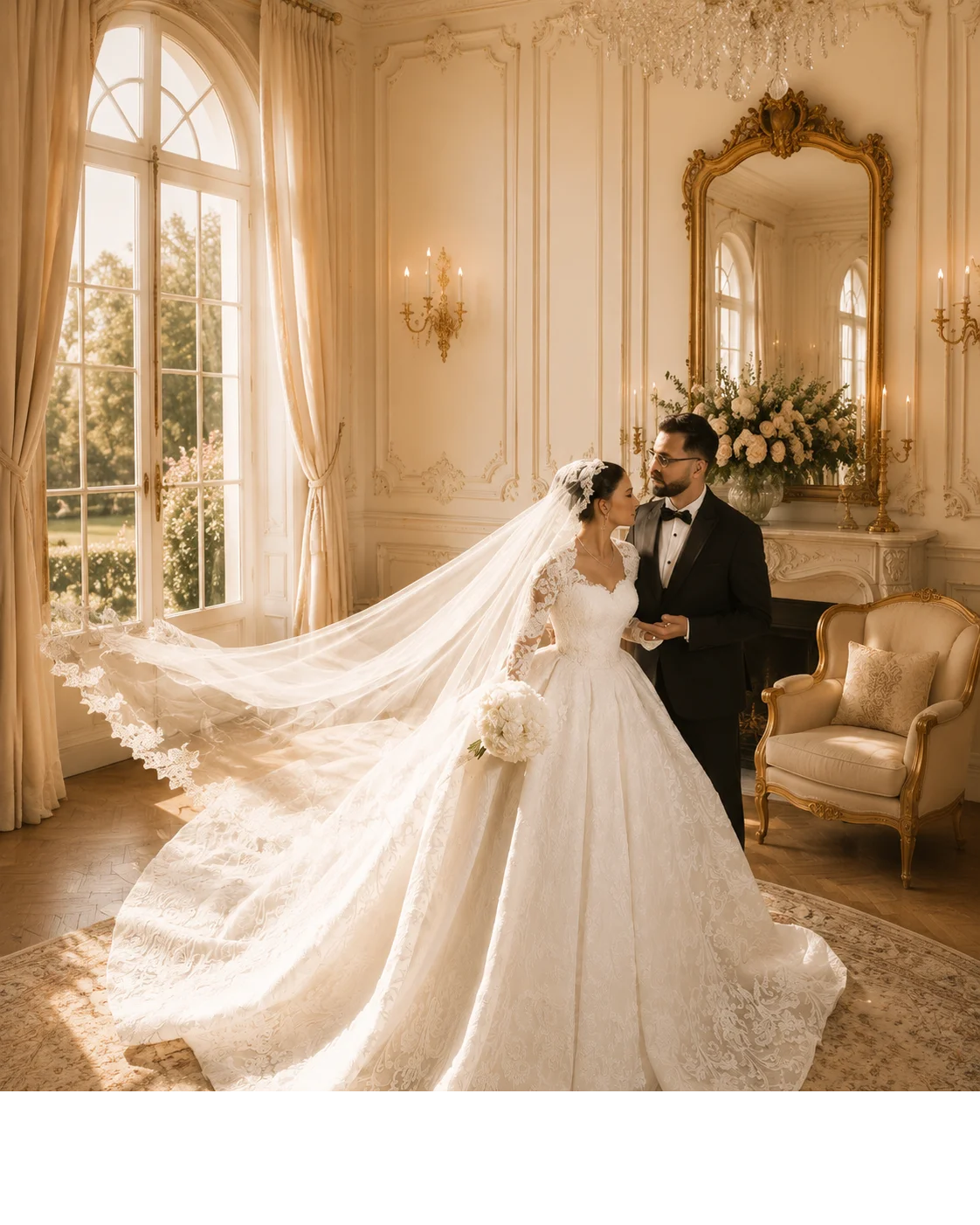 Elegant Off Shoulder Lace Wedding Dress Long Sleeves Cathedral Train Bridal Gown Luxury Veil Princess Vestido De Novia Bride