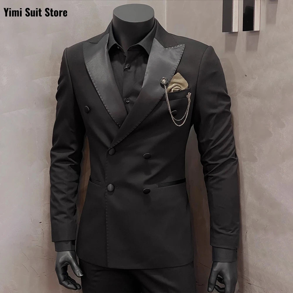 3 Pieces Men's Suits Black Men Office Double Breasted Suit Outfits Formal Wedding Business Casual Male Suits Jacket+Vest+Pant