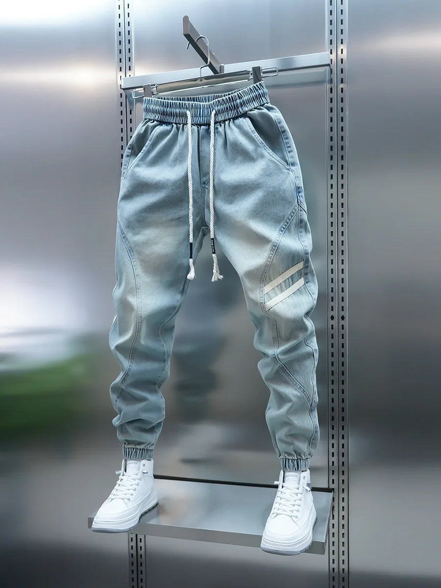 Men's Slim Fit Jeans mid Waist Elastic Waistband Casual Pants Patchwork Design Breathable Comfortable Summer Jeans