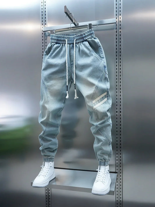 Men's Slim Fit Jeans mid Waist Elastic Waistband Casual Pants Patchwork Design Breathable Comfortable Summer Jeans