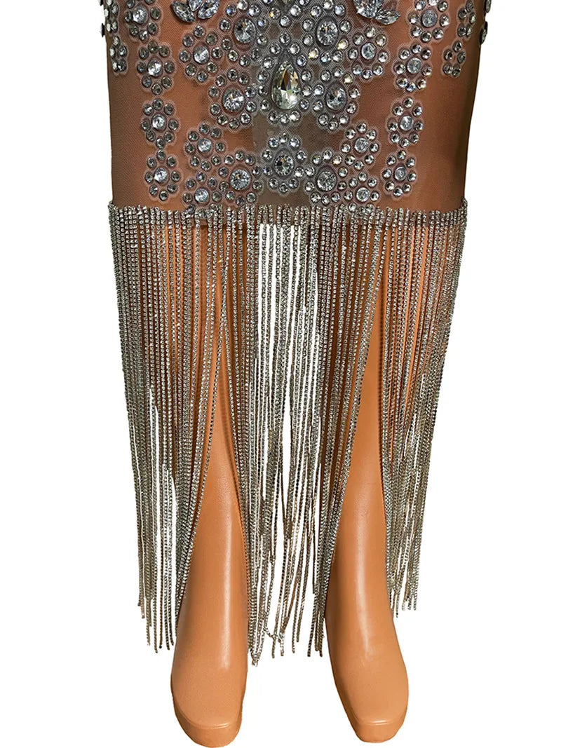Transparent Long Diamond Dark Brown Party Dress Birthday Luxury Costume Fancy Brilliant Dancer Wedding Dress Impressive Dress