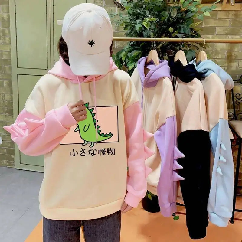 Y2K Style Women Dinosaur Hoodies Cute Horns Hooded Sweatshirts Autumn Winter Hawaii Pullovers Halloween Teenager Matching Wear