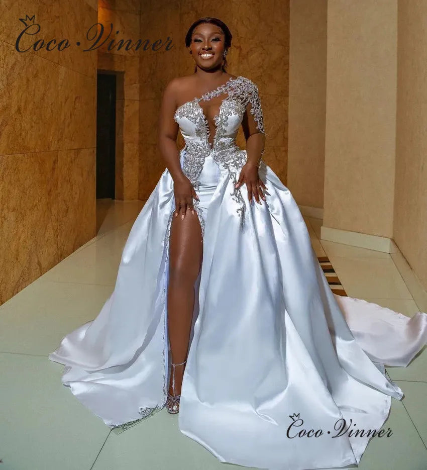 Customized Deep V neck Side Slit  Sexy Wedding Dresses 2026 One Shoulder Luxury Sequin Lace 2 IN 1 Satin Wedding Dress  W1098