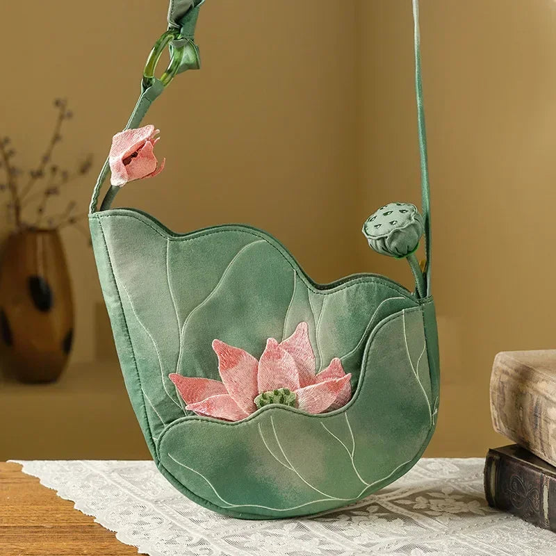Elegant Chinese Style Lotus Leaf Floral Embroidery Shoulder Bag for Women Designer Handbag Fashionable Female Bag New Collection