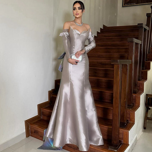 Elegant Party Dresses Woman Satin Mermaid/Trumpet Formal Evening Dress Grey Sweetheart Watteau Train Women's Evening Ball Gown