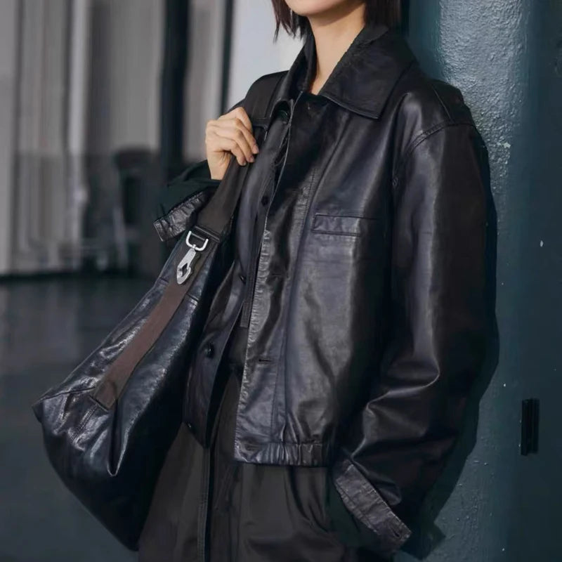 Advanced Oil Wax Leather Jacket for Women Autumn Winter Female 100% Lambskin Square Neck Elastic Waist  Loose Coat Vestes Femmes