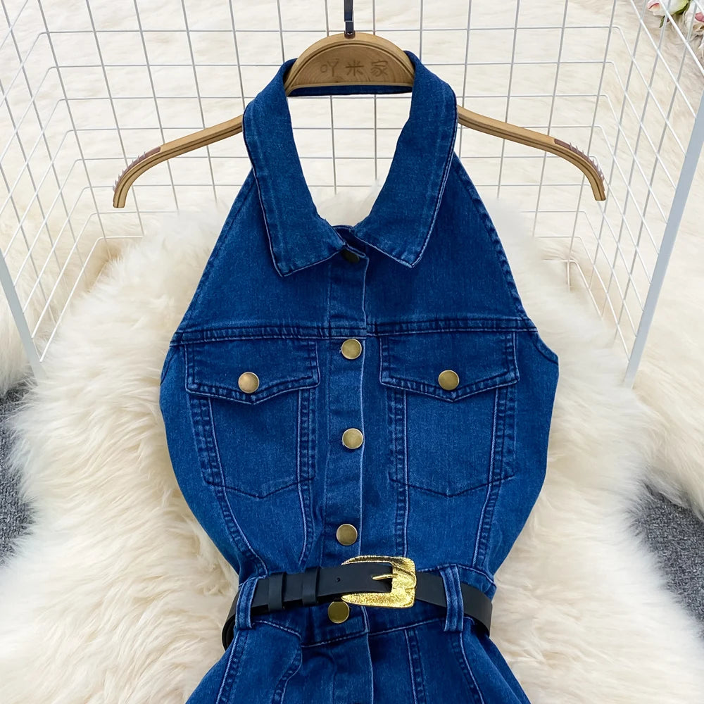 Denim Dress Women Sexy Long Dresses Vintage Vestidos A Line Sleeveless Backless Single Breasted Pockets 2025 Summer Sundress