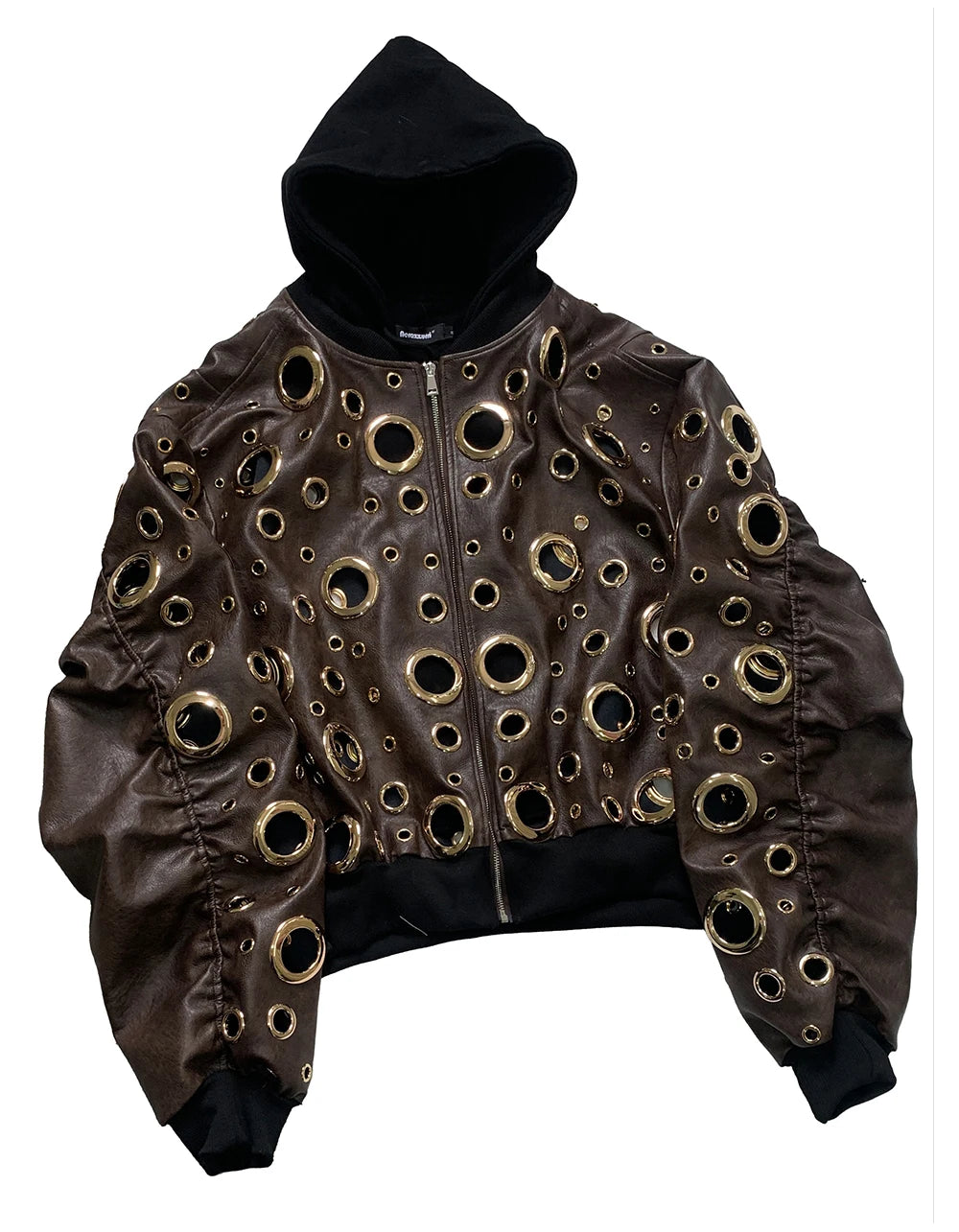 Nerazzurri Autumn Oversized Hollow Out Gold Pu Leather Jacket Men with Hood Hole Luxury Fake 2 Pieces Emo Menswear Clothing 2025