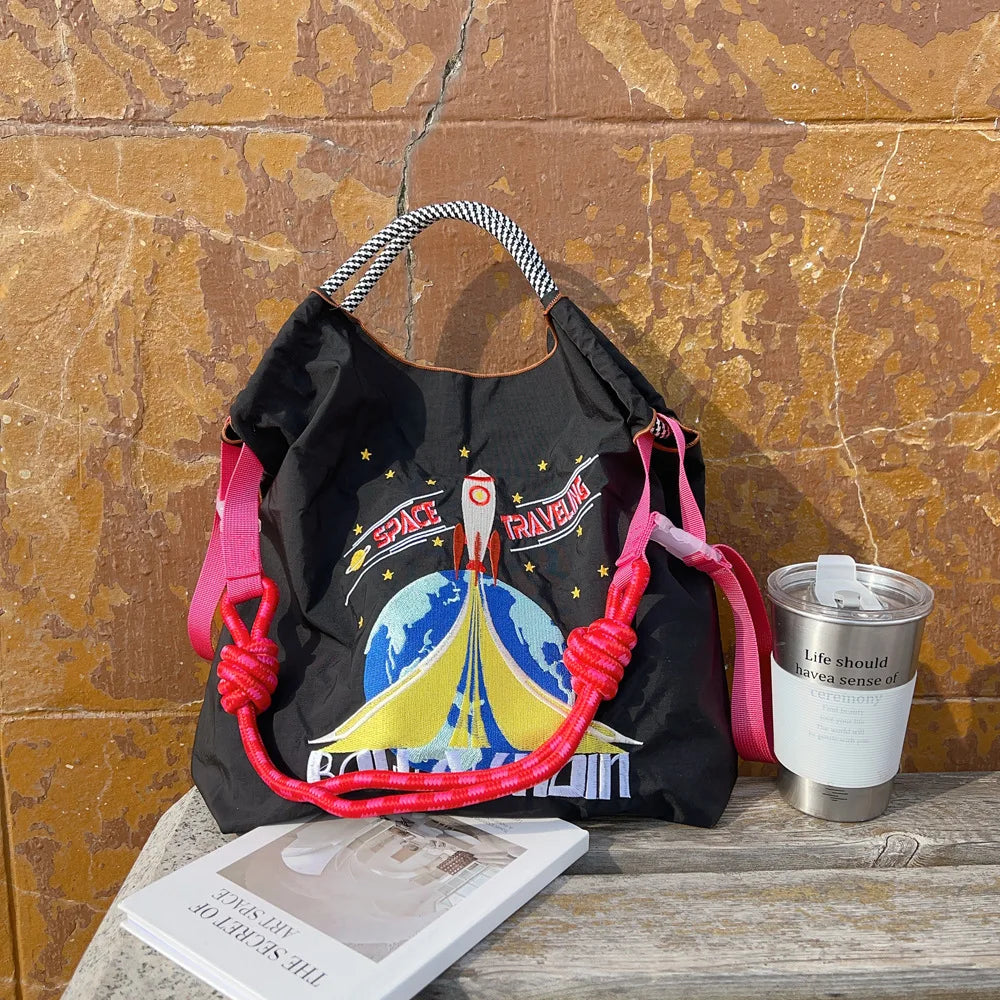 Large Medium Embroidered Shopping Bag, Casual Handheld Simple Large Capacity Shoulder Bag Shoulder Straps Included