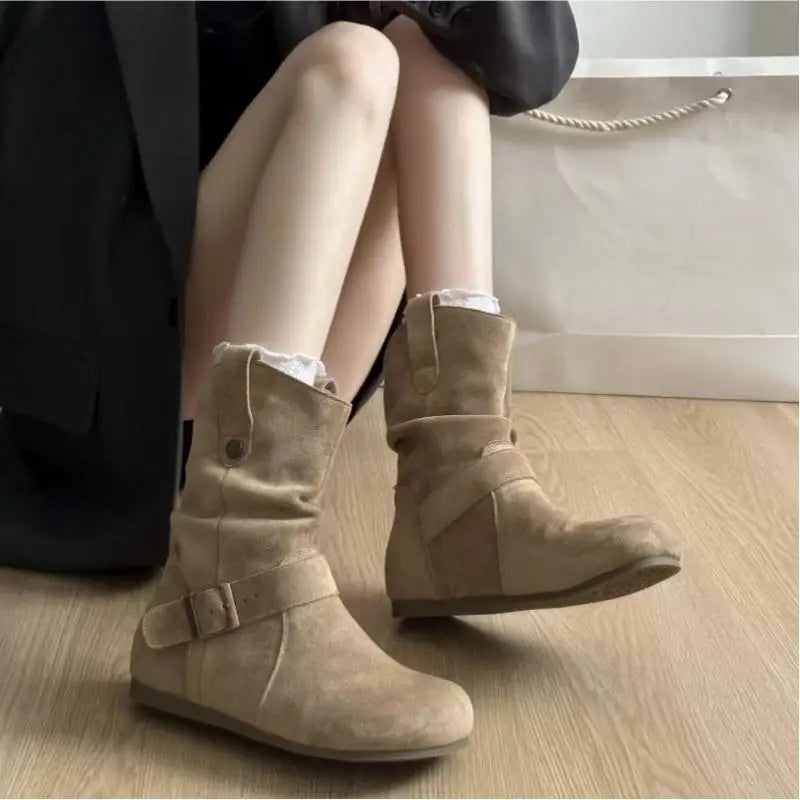 Women Suede Mid Calf Boots Vintage Buckle Strap Slouch Ankle Booties Retro Casual Flat Shoes Round Toe Slip On Short Boots