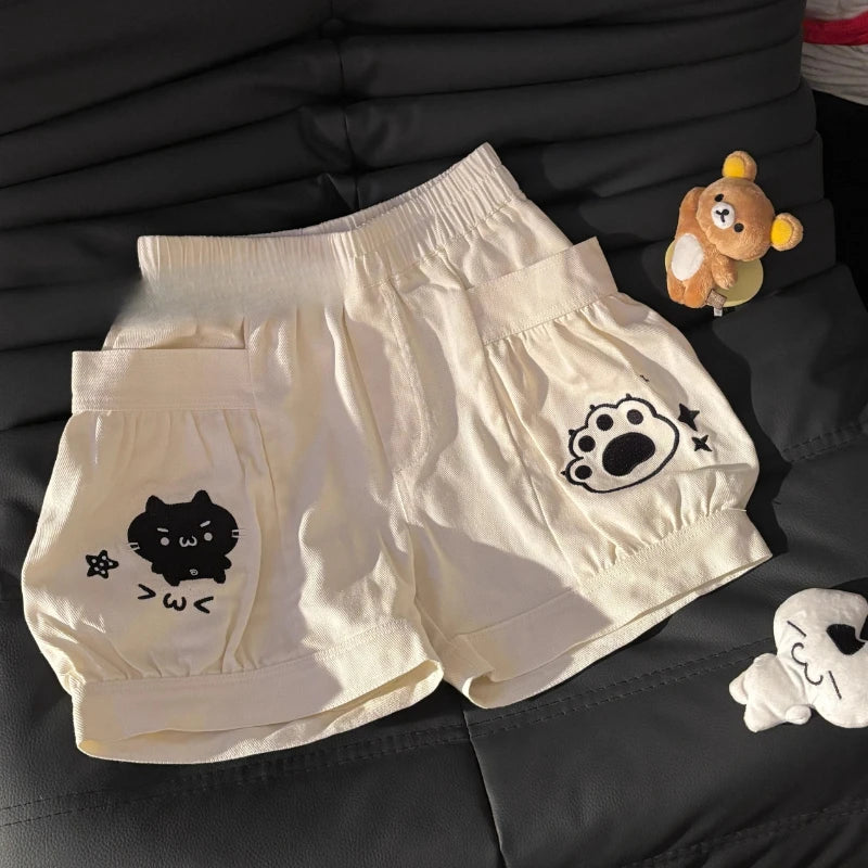 Cute Japanese Shorts for Women Cartoon Embroidery Pockets Black Shorts 2025 New Tottoms Casual Chic Pantalones Cortos De Mujer