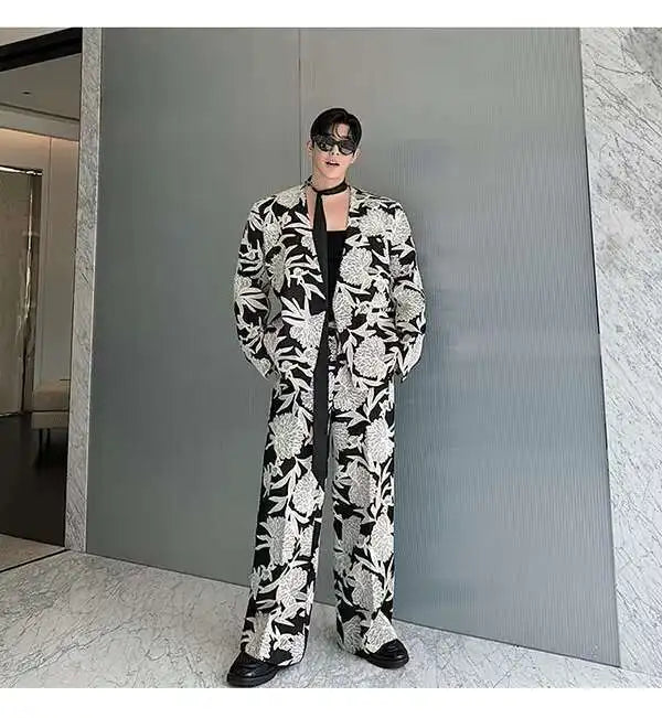 IEFB Niche Design Men's Two-piece Collarless Embroidery Blazer Loose Straight Suit Pants Contrast Color Male Sets New 9C7485