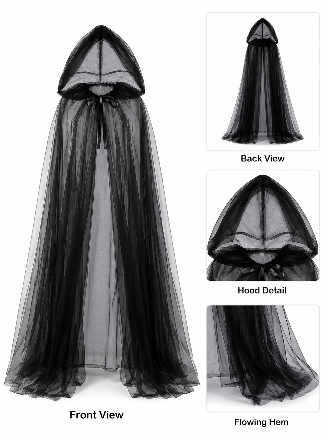 Sheer Tulle Hooded Full‑Length Cape for Women, Lightweight Flowy Gothic Cloak with Neck Tie, Halloween Witch Vampire Cosplay Costume Accessory for Fancy Dress Party Photo Shoot