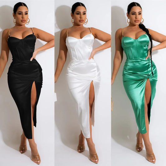 OS6728 Summer New Faion Sexy Midi Length Uneven Pure Color Women's Dr Modern Sle Polyester Fiber No Sve Gown