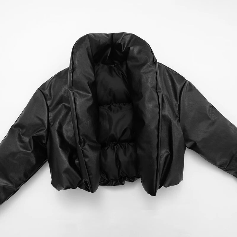 Kliou Faux Leather Puffer Coats Woman Winter Warm Trend Stand Collar Full Sleeve High Street Casual Fashion Style Crop Jacket