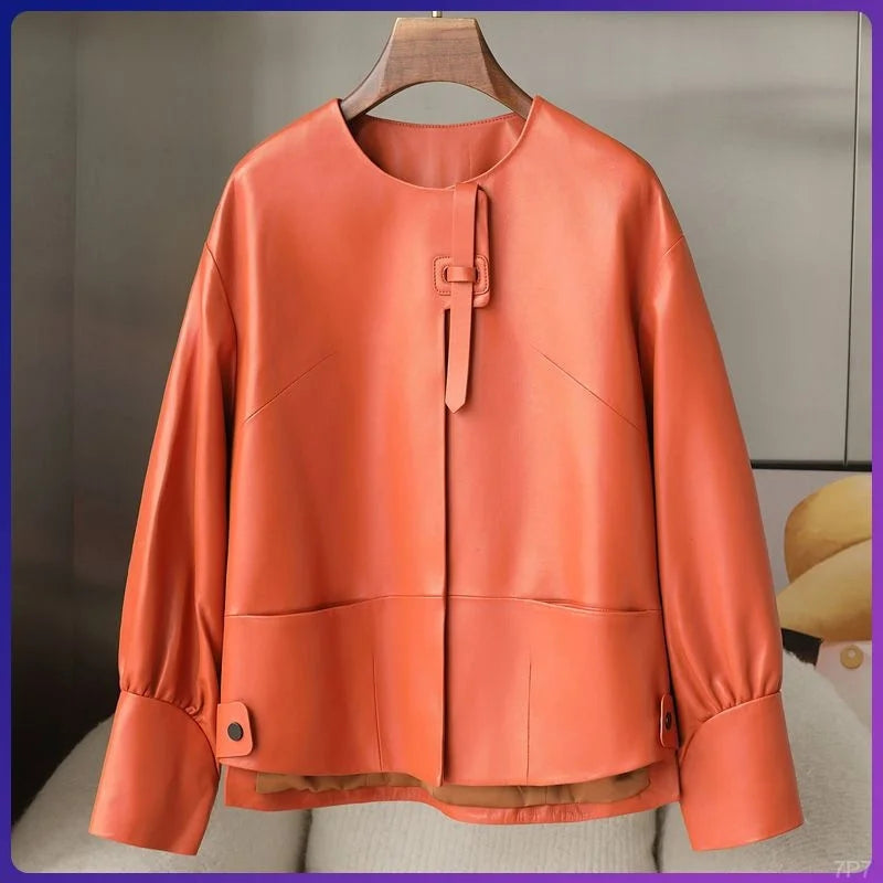 Orange Black Leather Jacket Spring Autumn Coat 2026 New Women's Leather Coat Round Neck Lantern Sleeves PU Leather Outerwear