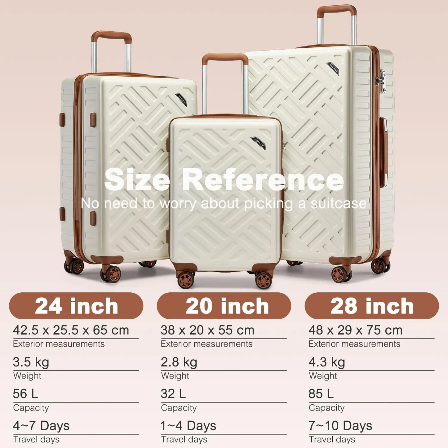 Kono 20/24/28 Inch Large ABS+PC Hardshell Suitcase - 4 Spinner Wheel Lightweight Check-In Luggage with TSA Lock