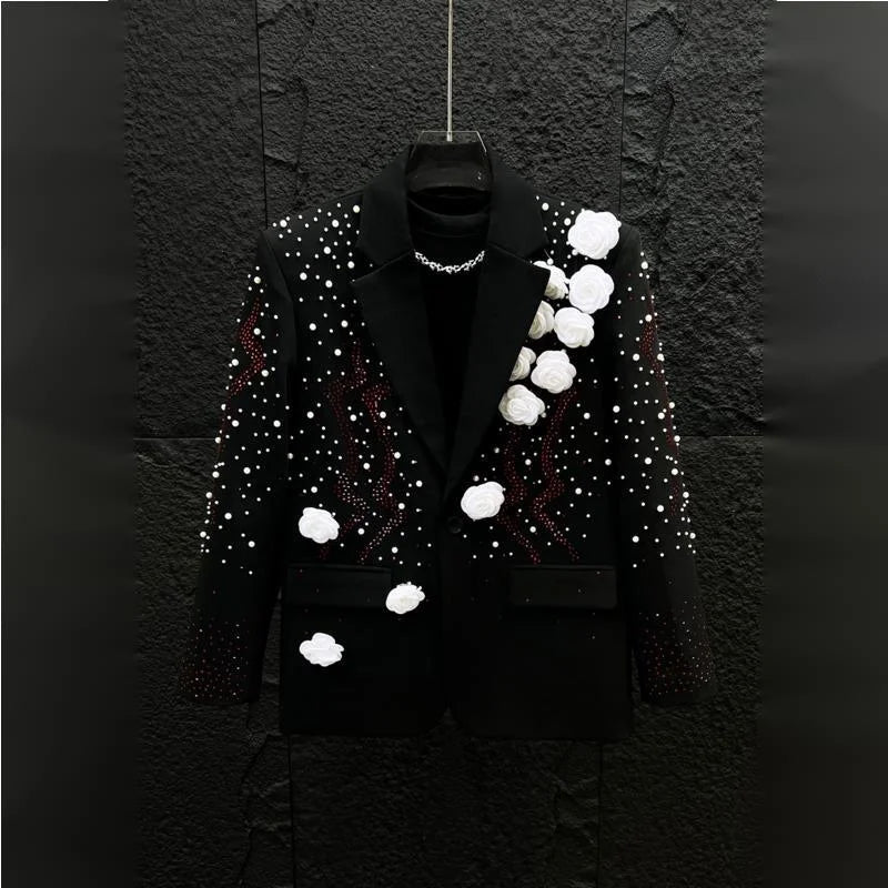 WVGA Spring Autumn New Man Tide Heavy Pearl-studded Trendy Three-dimensional Flower Blazers Niche Chic Casual Jackets Ins W22622
