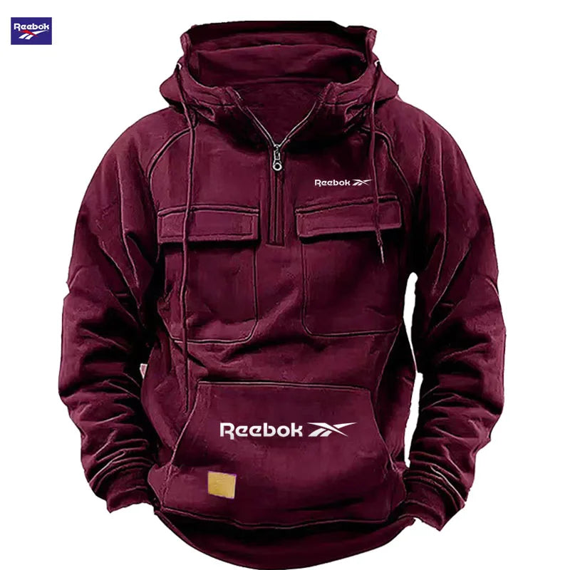 Reebok New Autumn-Winter Men's Hooded Sweatshirt, Solid Color Casual Fashion Design, Multi-Pocket Patchwork Hoodie, Men's Sweats