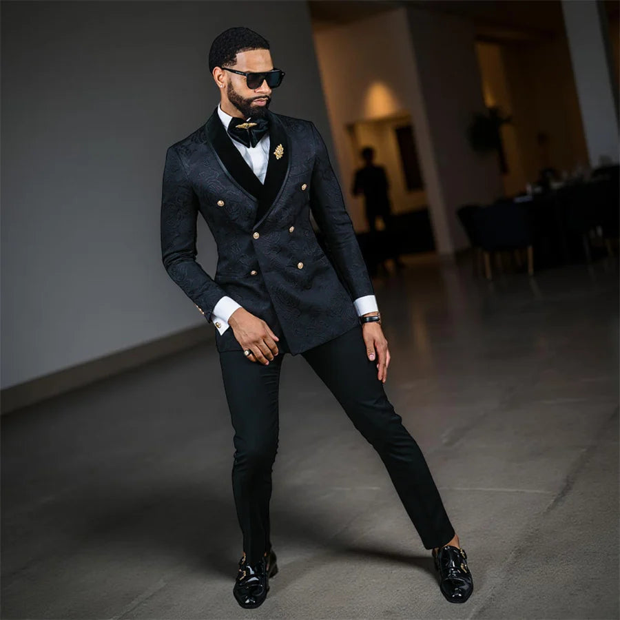 Floral Wedding Suits for Men Double Breasted Jacket with Pants Slim Fit Custom Made Male Fashion Tuxedo 2 Pieces Fashion Suit