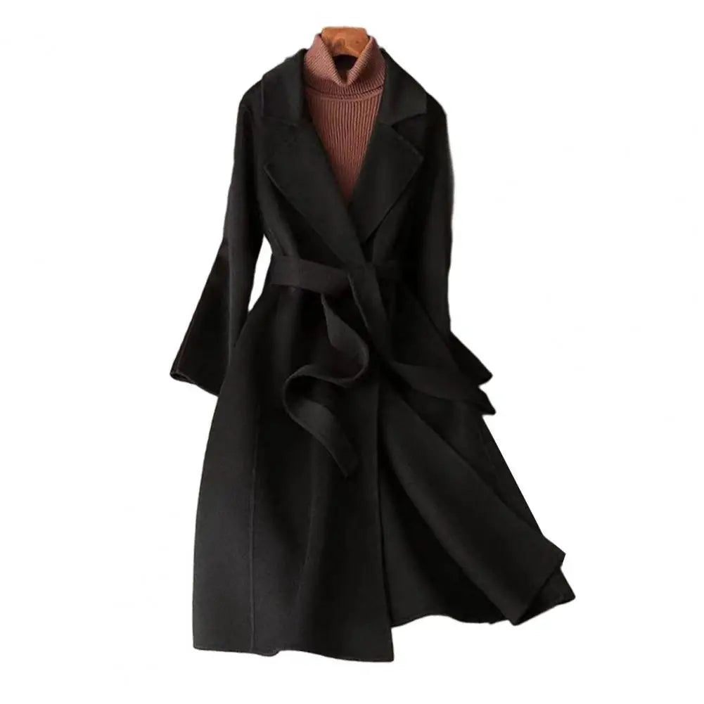 Women Wool Coat Womens Long Wool Peacoat with Belt Notched Lapel Overcoat Warm Fall Winter Trench Coat for Weather Polyester