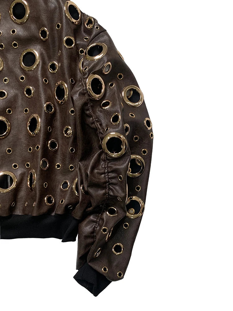 Nerazzurri Autumn Oversized Hollow Out Gold Pu Leather Jacket Men with Hood Hole Luxury Fake 2 Pieces Emo Menswear Clothing 2025