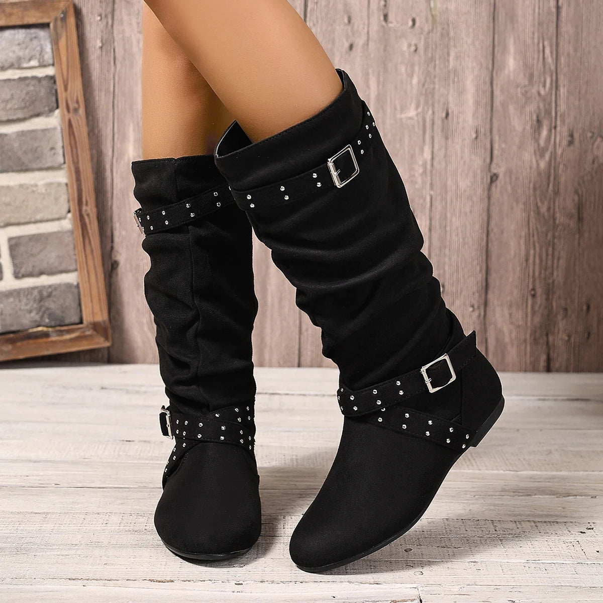 Rivet Side Zipper Buckle Flat Bottom Fashionable Solid Color Comfortable European and American Ladies Youth Mid-Calf Boots