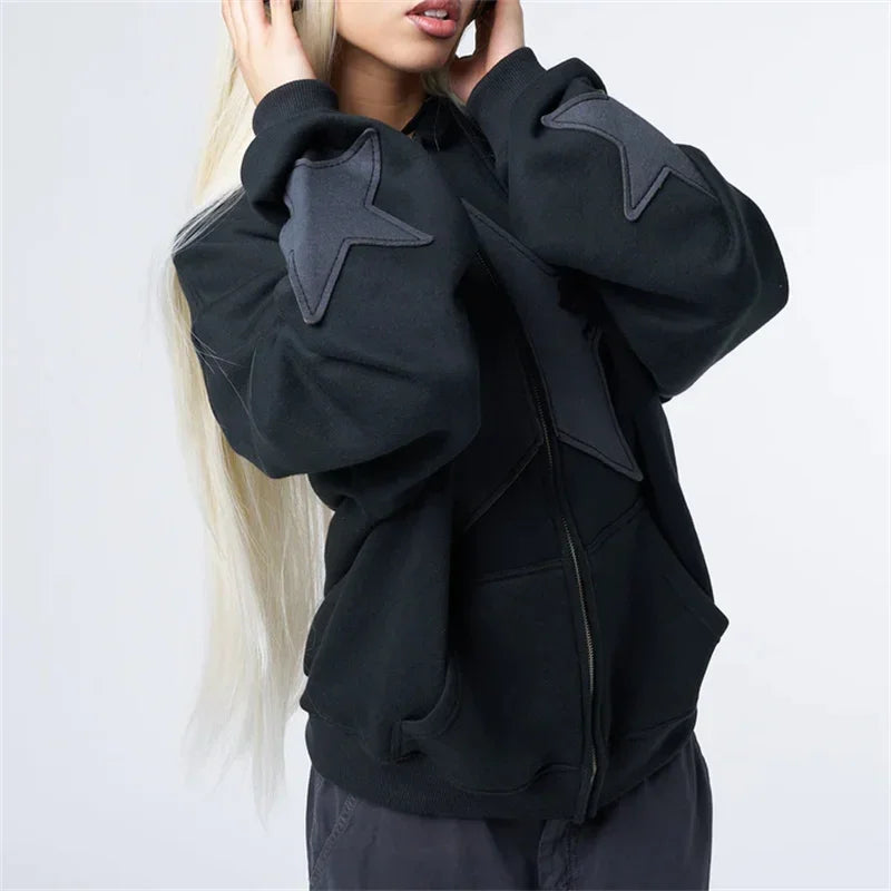 Women's Graphic Hoodie Y2k Zip Up Hoodies Star Patchwork Oversized Sweatshirt with Drawstring Aesthetic Pullover with Hood Shirt