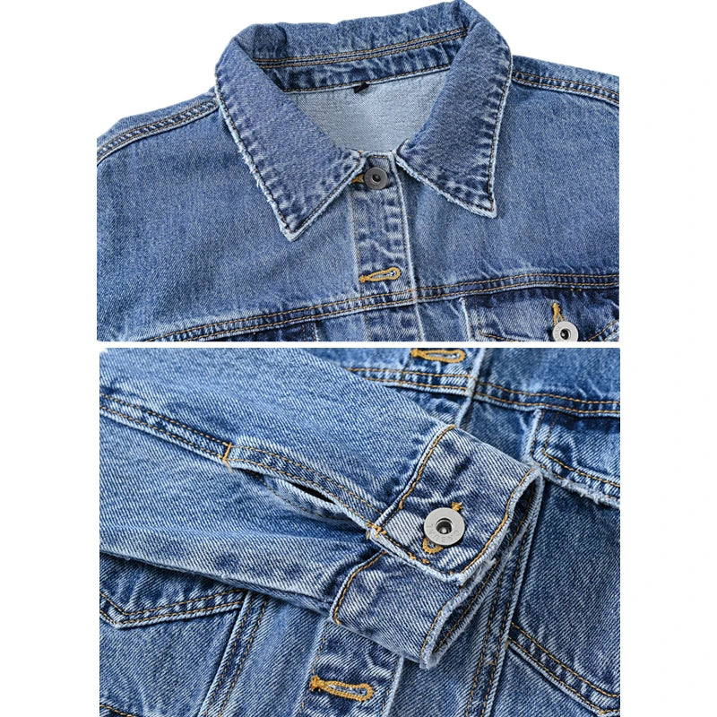 2026 Women's Blue Shorts Denim Jacket, Fashion Casual Coat Black Lapel Single-breasted Long-sleeved Female Overcoat S-XXXL